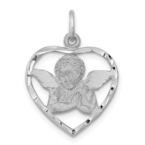 14k White Gold Praying Angel in Heart Charm 5/8in
