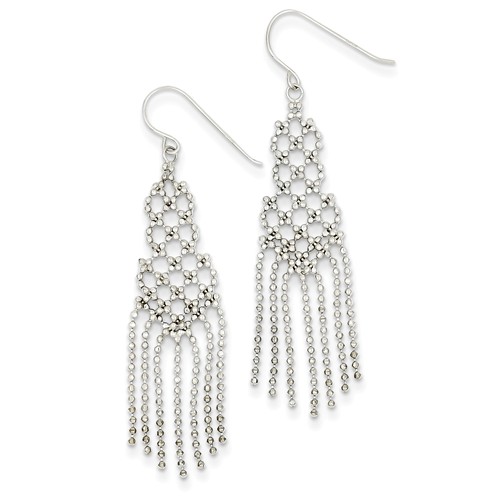 14k White Gold Beaded Tassel Drop Earrings 2in
