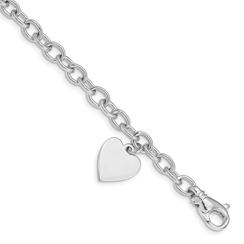 14k White Gold Oval Link Bracelet with Smooth Heart Charm 8.5in