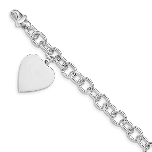 14k White Gold Oval Link Bracelet with Heart Charm 8.5in
