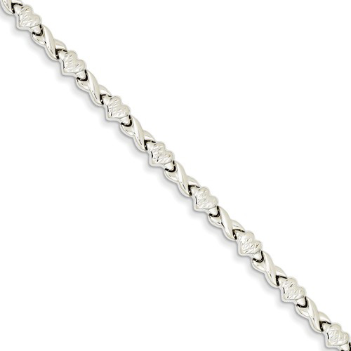14kt White Gold 7in Textured Heart and X Link Bracelet