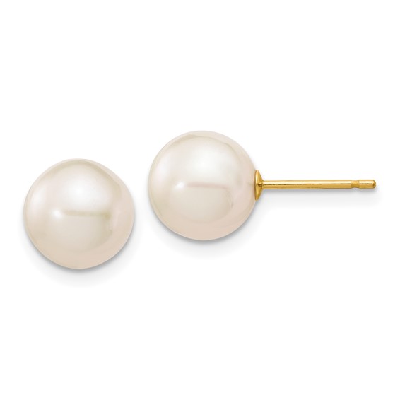 14k Yellow Gold 8mm White Freshwater Cultured Pearl Stud Earrings - AA Quality
