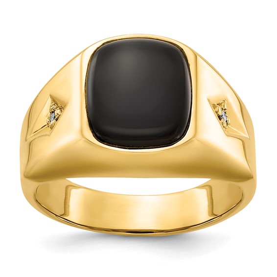 14k Yellow Gold Classic Black Onyx Ring With Diamond Accents