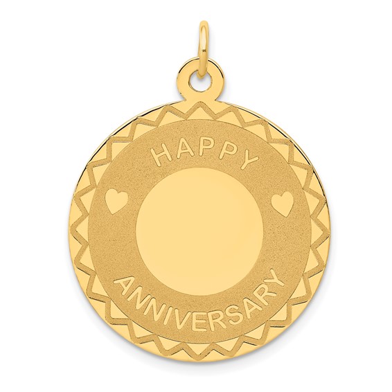 14kt Yellow Gold 1in Round Happy Anniversary Pendant with Hearts