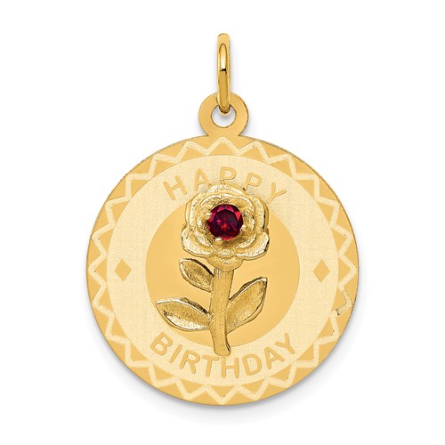 14k Yellow Gold Happy Birthday Charm With Flower Red Cubic Zirconia
