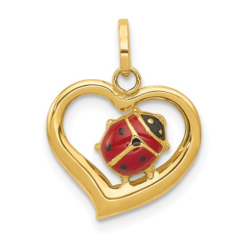 14kt Yellow Gold 1/2in Enamel Ladybug Heart Charm