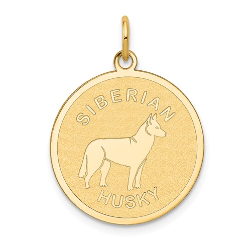 14k Yellow Gold Round Siberian Husky Pendant 3/4in