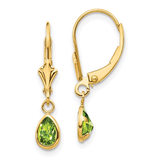 14kt Yellow Gold 9/10 ct Pear Peridot Leverback Earrings