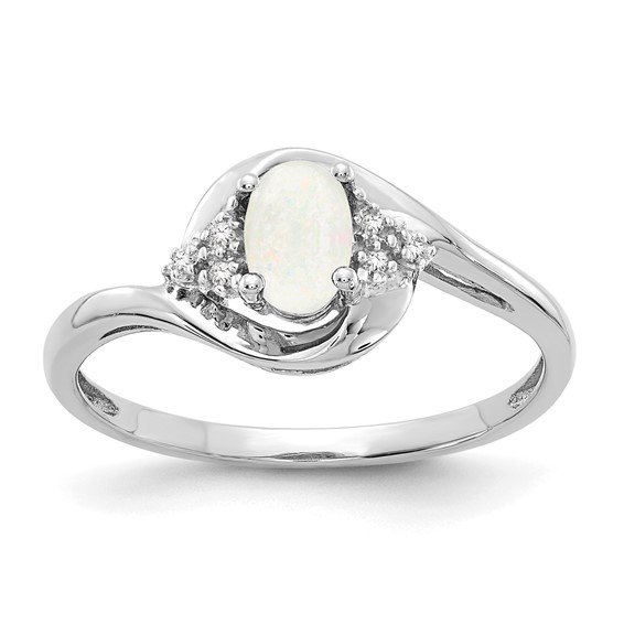 14kt White Gold 1/3 Ct Oval Opal Bypass Ring with Diamond Accents
