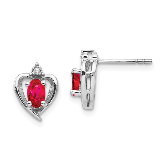 14kt White Gold Oval-cut Ruby Heart Earrings with Diamonds