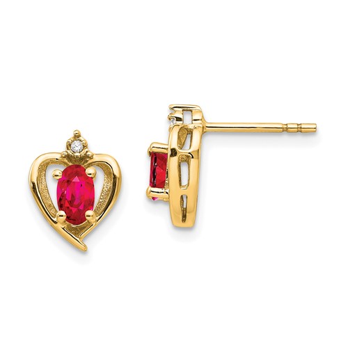 14kt Yellow Gold Oval-cut Ruby Heart Earrings with Diamonds
