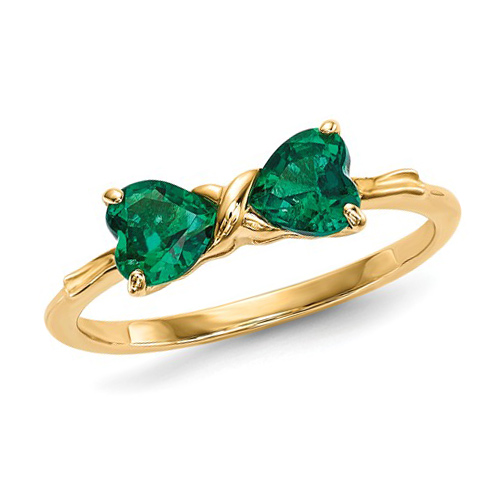 14kt Yellow Gold 4/5 ct Heart Created Emerald Bow Ring
