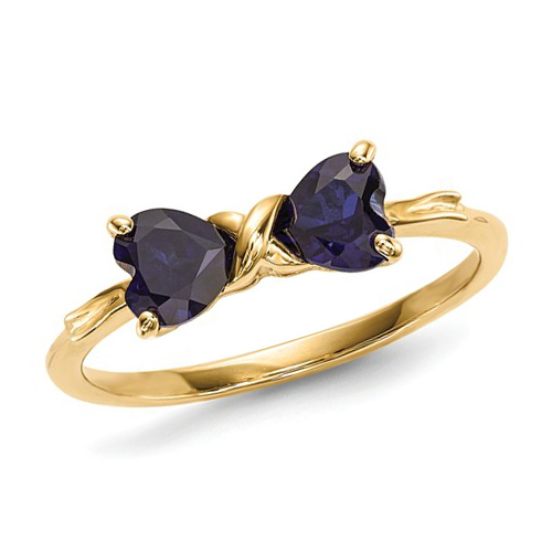 14k Yellow Gold 1 ct Created Sapphire Heart Bow Ring