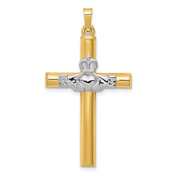 14kt Two-Tone Gold 1 1/4in Hollow Claddagh Cross