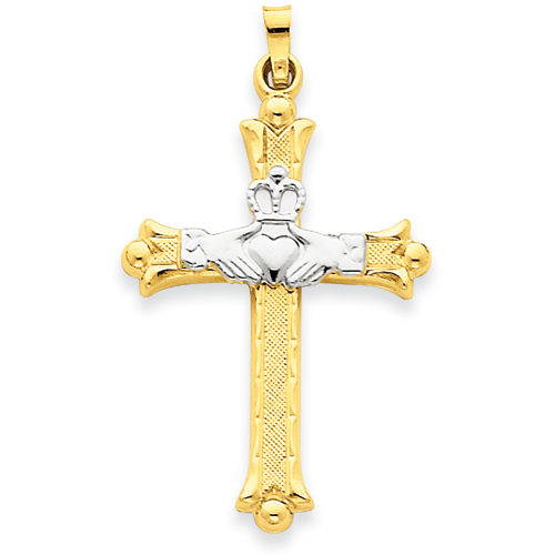 14k Two Tone Gold Budded Claddagh Cross Pendant 1 1/4in