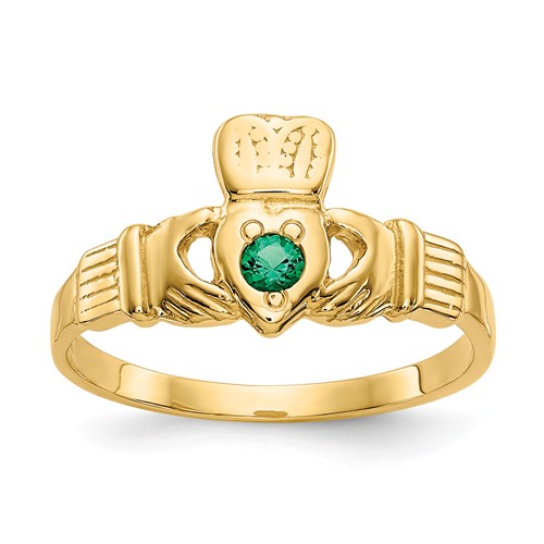14k Yellow Gold Claddagh Ring with Round Green Cubic Zirconia
