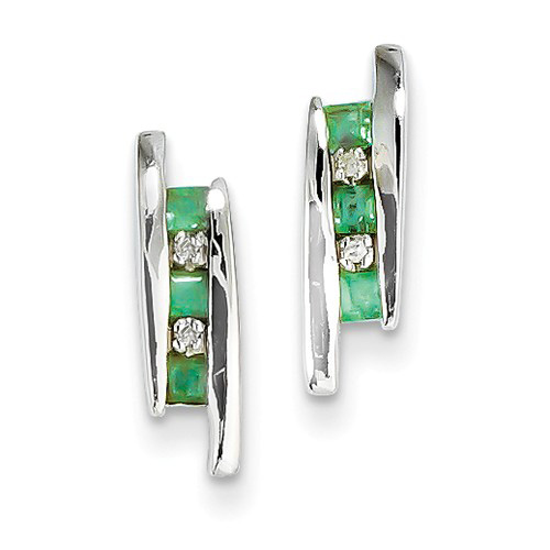 14kt White Gold 3/10 ct Emerald 3-Stone Post Earrings with Diamonds