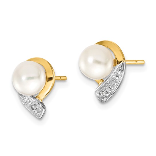 14k Yellow Gold 5mm Freshwater Cultured Button Pearl Earrings Ribbon Design with Diamond Accents