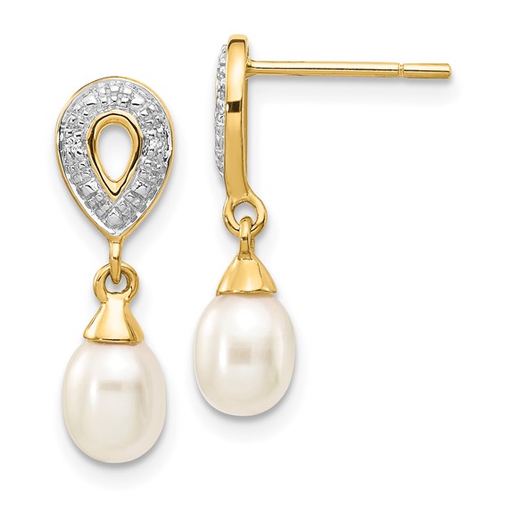 14k Yellow Gold 7mm x 5mm Freshwater Cultured Pearl Oval Drop Earrings with Diamonds