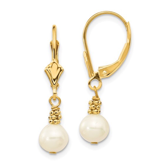 14k Yellow Gold 5mm Freshwater Cultured Pearl Caviar Lever Back Earrings