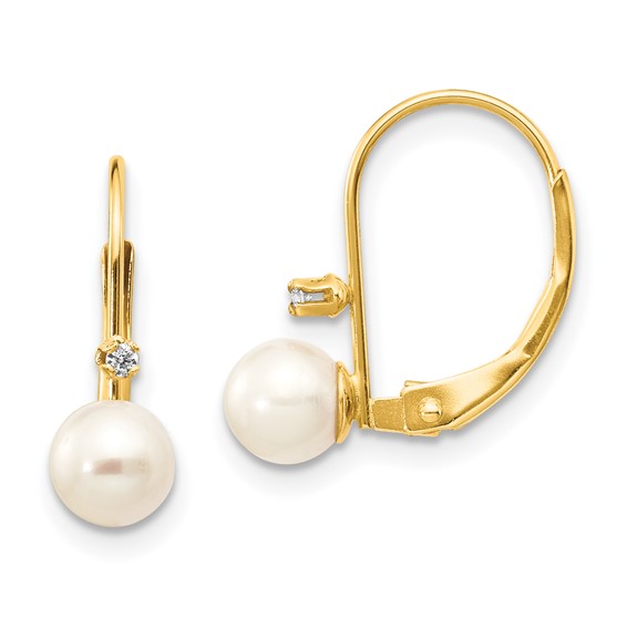 14kt Gold 5mm Freshwater Cultured Pearl Diamond Leverback Earrings