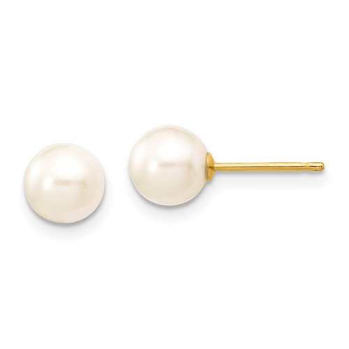 14k Yellow Gold 7mm White Akoya Cultured Pearl Stud Earrings - AA Quality