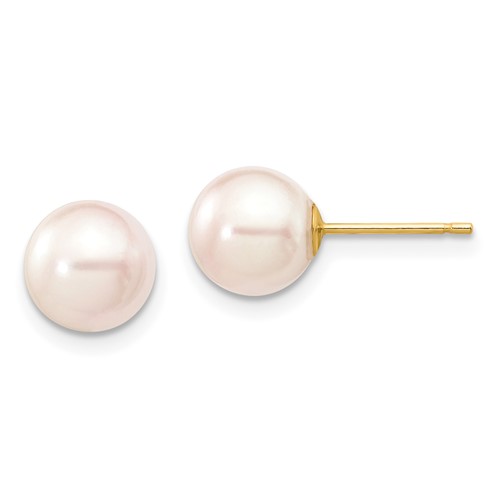14k Yellow Gold 8mm White Akoya Cultured Pearl Stud Earrings - AA Quality