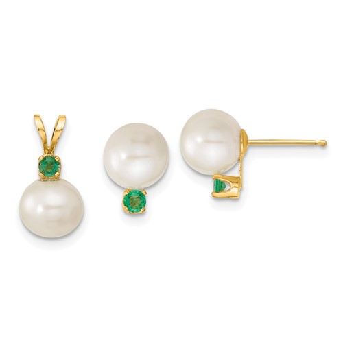 14k Yellow Gold 8mm Freshwater Cultured Pearl Emerald Stud Earrings and Pendant Set