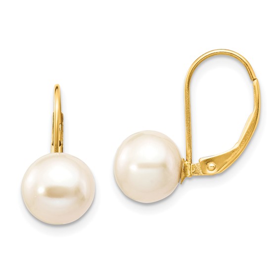 14k Yellow Gold 8mm Freshwater Cultured Pearl  Leverback Earrings