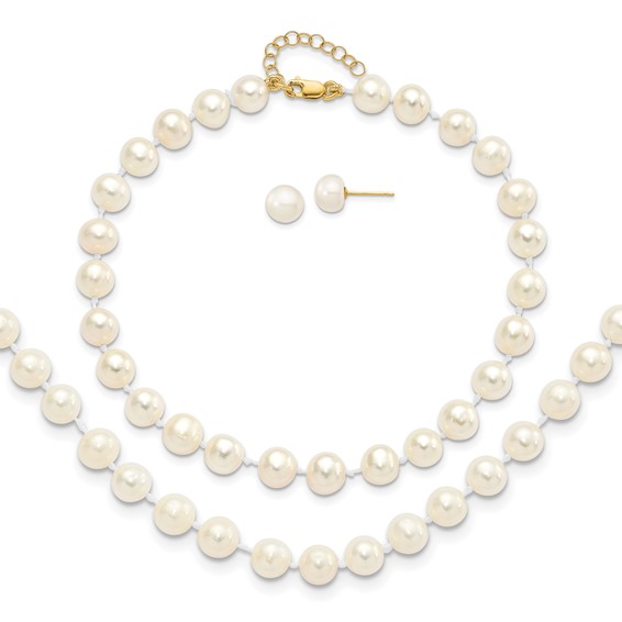 14kt Gold 6mm Freshwater Cultured Pearl Bracelet Necklace Earrings Set