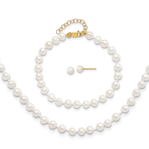 14kt Gold 4mm Freshwater Cultured Pearl Bracelet Earrings Necklace Set