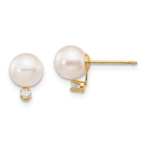 14k Yellow Gold 6mm White Akoya Cultured Pearl Diamond Earrings