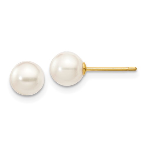 14k Yellow Gold 6mm White Akoya Cultured Pearl Stud Earrings - AA Quality