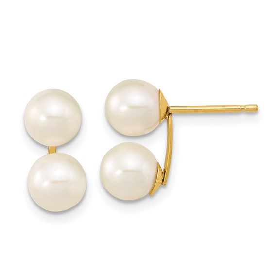 14k Yellow Gold 7mm White Round Freshwater Cultured Double Pearl Earrings