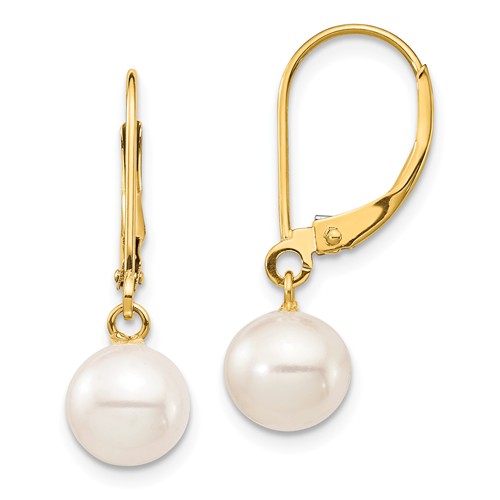 14k Yellow Gold 7mm Freshwater Cultured Pearl Leverback Earrings
