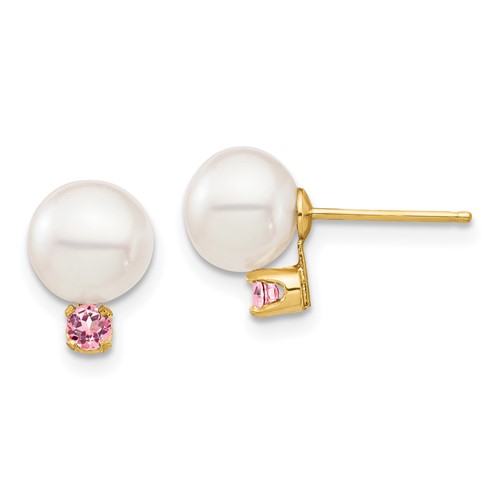 14k Yellow Gold 7.5mm Freshwater Cultured Pearl and Pink Topaz Post Earrings