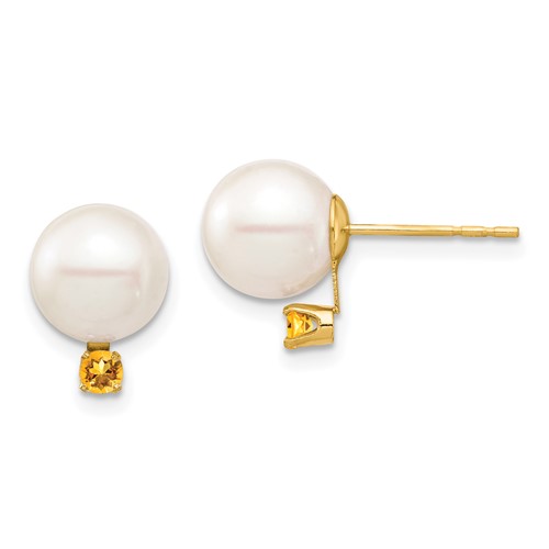 14k Yellow Gold 8mm Freshwater Cultured Pearl and Citrine Earrings