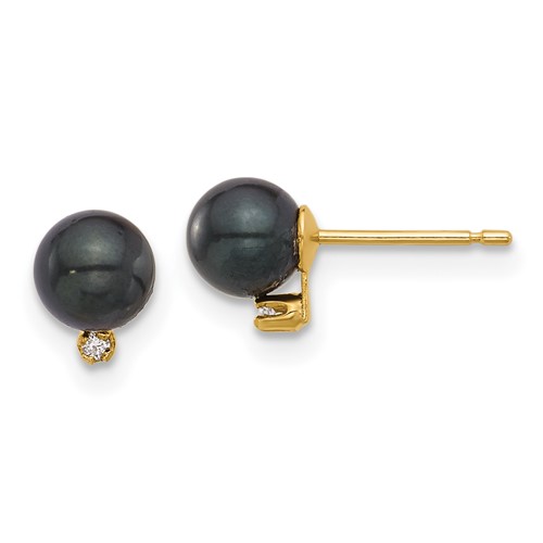 14k Yellow Gold 6mm Black Akoya Cultured Pearl and Diamond Post Earrings