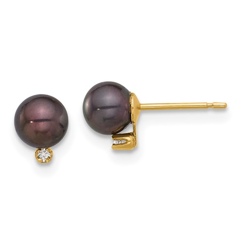 14k Yellow Gold 5mm Round Black Freshwater Cultured Pearl Earrings with Diamonds