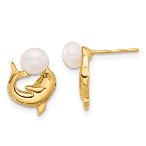 14k Yellow Gold 6mm Button White Freshwater Cultured Pearl Dolphin Earrings