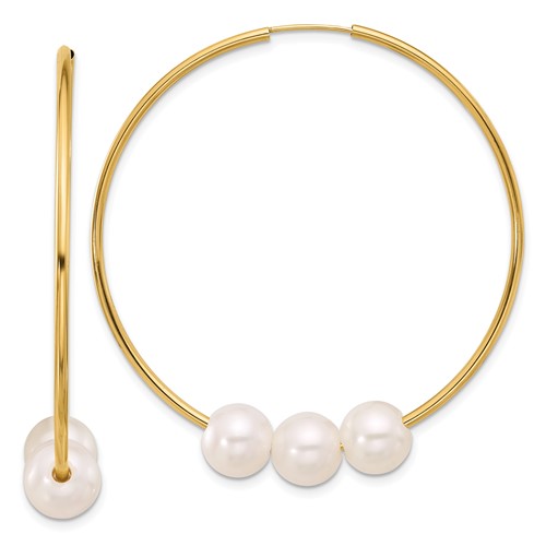 14k Yellow Gold 8mm Round White Freshwater Cultured Pearl Trio Hoop Earrings 2in