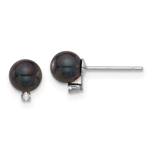 14k White Gold 6mm Black Akoya Cultured Pearl and Diamond Post Earrings