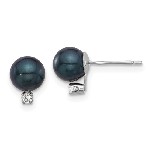 14k White Gold 7mm Black Akoya Cultured Pearl and Diamond Post Earrings
