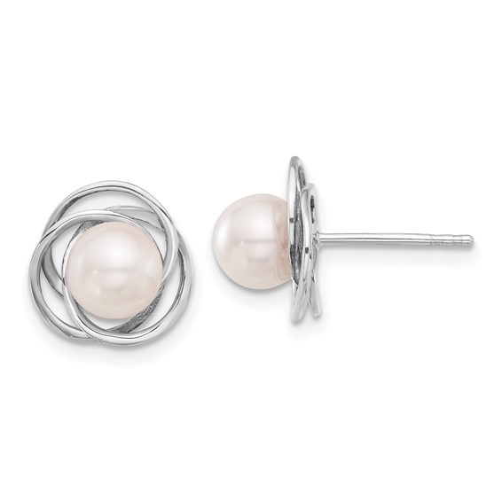 14k White Gold 7mm White Saltwater Akoya Cultured Pearl Loose Swirl Knot Stud Earrings