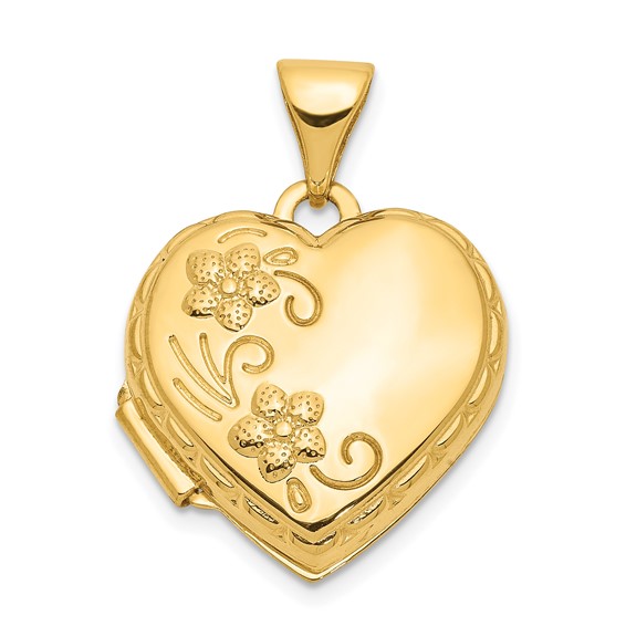 14kt Yellow Gold 15mm Hollow Domed Heart Locket with Flowers