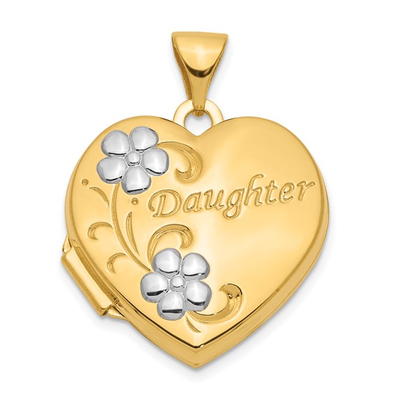 14kt Yellow Gold Rhodium Daughter Floral 18mm Heart Locket