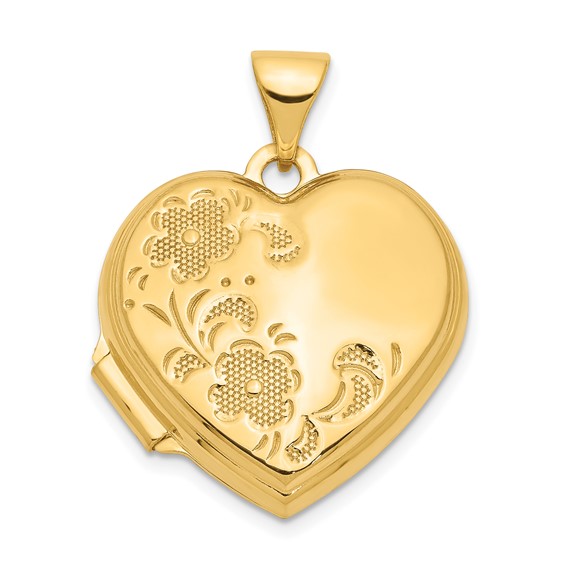 14kt Yellow Gold 18mm Polished Heart-Shaped Floral Locket