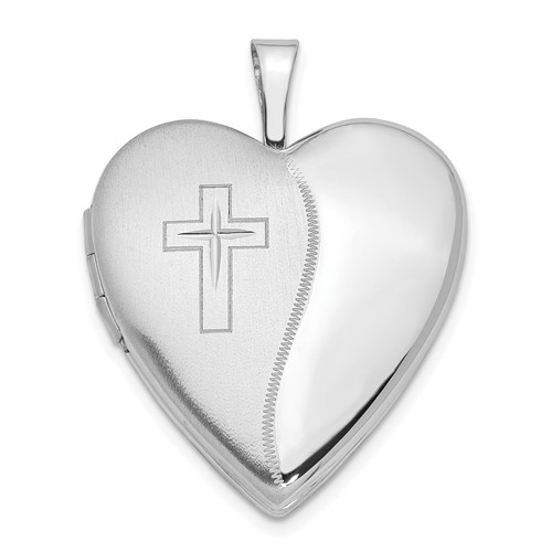 14kt White Gold 3/4in Polished Satin with Cross Heart Locket