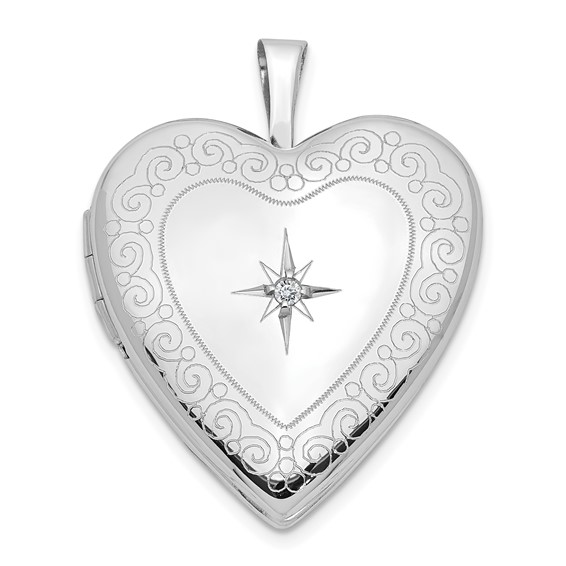 14k White Gold Diamond Heart Locket with Side Swirls 3/4in