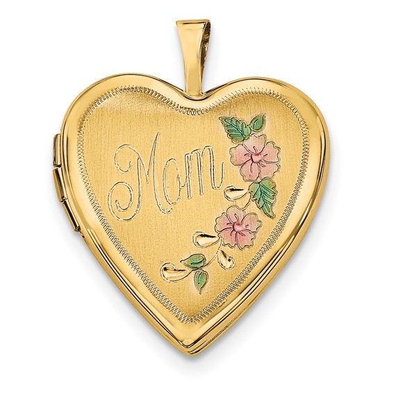 14k Yellow Gold Enamel Flowers Mom Heart Locket 3/4in